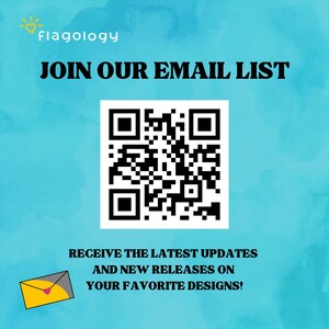 Pode incluir: Um gr&aacute;fico azul e branco com o texto "Flagology" e "JOIN OUR EMAIL LIST". Um c&oacute;digo QR preto e branco est&aacute; no centro do gr&aacute;fico. Abaixo do c&oacute;digo QR h&aacute; um envelope branco com um cora&ccedil;&atilde;o vermelho dentro. O texto "RECEIVE THE LATEST UPDATES AND NEW RELEASES ON YOUR FAVORITE DESIGNS!" est&aacute; abaixo do envelope.