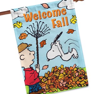 Snoopy Charlie Brown Fall Flag, Peanuts Fall Garden Flag, Fall Welcome Decor, Funny Peanuts Snoopy Flag, Peanuts Lover Gift, Fall Decoration House Flag 28 x 40 inches