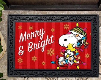 Peanuts Merry & Bright Snoopy and Woodstock Christmas Doormat, Outdoor or Indoor Welcome Mat, Heavy Recycled Rubber Non-Slip Backing