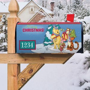 Decorative Christmas Custom Mailbox Topper, Disney Merry Christmas Winnie the Pooh Magnetic Mailbox Cover, Christmas Outdoor Decor