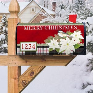 Christmas Magnetic Mailbox Cover, Chickadee Poinsettia Custom Mailbox Topper, Outdoor Holiday Decor, Christmas Mailbox Wrap, Bird Lover Gift
