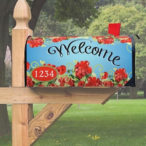 Mailbox Cover, Red Geraniums Welcome Magnetic Mailbox Cover – 6.5″ W x 8.5″ H x 19″ L, Thick Magnetic Material, Spring, Summer