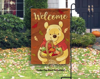 Winnie the Pooh Fall Welcome Garden Flag, Disney Fall Home Porch Decor, Winny the Pooh Gift Autumn Flag Fall Falling Leaves Decorative Flag