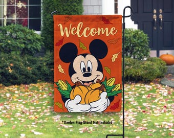 Mickey Mouse Fall Garden Flag, Disney Fall Mickey Mouse Welcome House Flag, Fall Outdoor Home Decor, Thanksgiving Disney Flag, Disney Decor