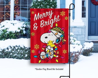 Merry and Bright Snoopy and Woodstock Christmas Flag, Snoopy Christmas Garden Flag, Peanuts Christmas Decorations, Unique Snoopy Gift - PR