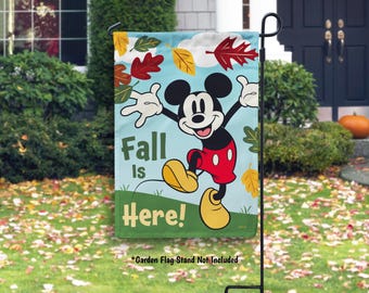 Disney Fall is Here Mickey Garden Flag, Fall Mickey Mouse House Flag, Fall House Decor, Fall Leaves Mickey Mouse Welcome, Disney Fall Decor