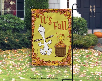 Snoopy Fall Garden Flag, Snoopy and Woodstock Fall Outdoor Decor, Peanuts Fall Yard Flag, Fall House Flag, Peanuts Autumn Porch Decor
