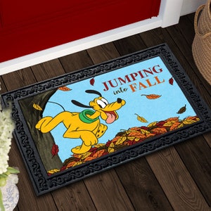 Disney, Disney Jumping Into Fall Pluto Doormat - 18" x 30", Outdoor/Indoor, Heavy Duty Recycled Rubber, Non-Slip Backing, Doormat, Fall