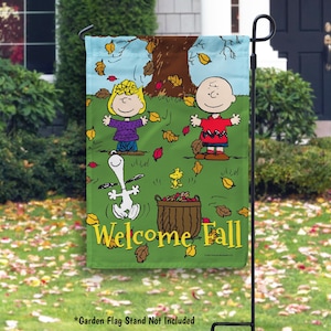 Snoopy Charlie Brown Welcome Fall Garden Flag, Peanuts Characters Autumn Flag, Snoopy Fall Outdoor Decor, Charlie Brown Decor, Snoopy Gift image 1