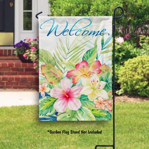 Tropical Flower Welcome Summer Garden Flag Hibiscus Summer Flag Coastal Home Decor Outdoor Tropical Decoration Beachhouse Pool Decor Gift