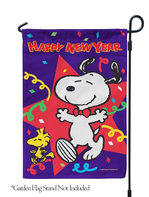 New Years Snoopy Garden Flag, Happy New Year Snoopy and Woodstock Yard Flag, Peanuts New Years Outdoor Decor, Unique Snoopy Gift - PR
