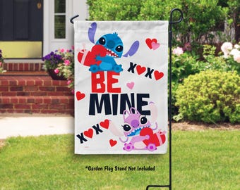 Stitch and Angel Valentines Garden Flag, Disney Stitch Be Mine Valentines Flag, Lilo and Stitch Love Yard Flag, Disney Valentines Decoration