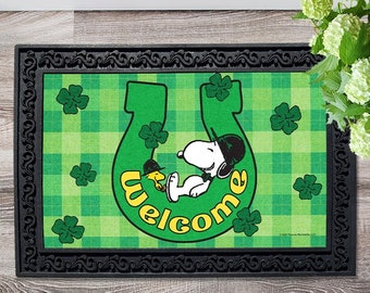 St Patricks Day Snoopy Doormat, Peanuts Snoopy and Woodstock St Patricks Decor, St Pattys Day Welcome Mat, Lucky Horseshoe Indoor Door Mat