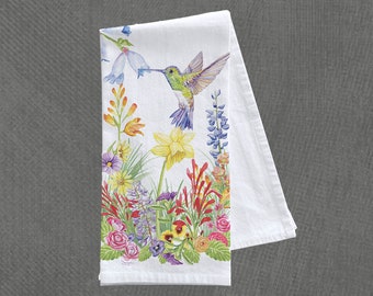 Tea Towel, Hummingbird and Flowers Watercolor - Tea Towel 18″ x 28″, Kitchen Towel, 100% Cotton, Machine Washable, Everyday