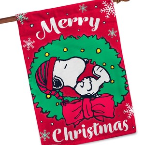 PEANUTS® Snoopy Merry Christmas Wreath Garden Flag, Snoopy Christmas House Flag, Peanuts Outdoor Christmas Decor, Unique Snoopy Gift - PR 24.5" x 32" House inches