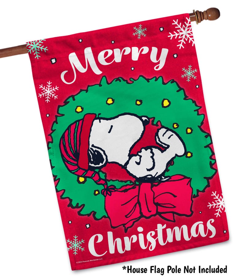 PEANUTS® Snoopy Merry Christmas Wreath Garden Flag, Snoopy Christmas House Flag, Peanuts Outdoor Christmas Decor, Unique Snoopy Gift - PR 24.5" x 32" House inches