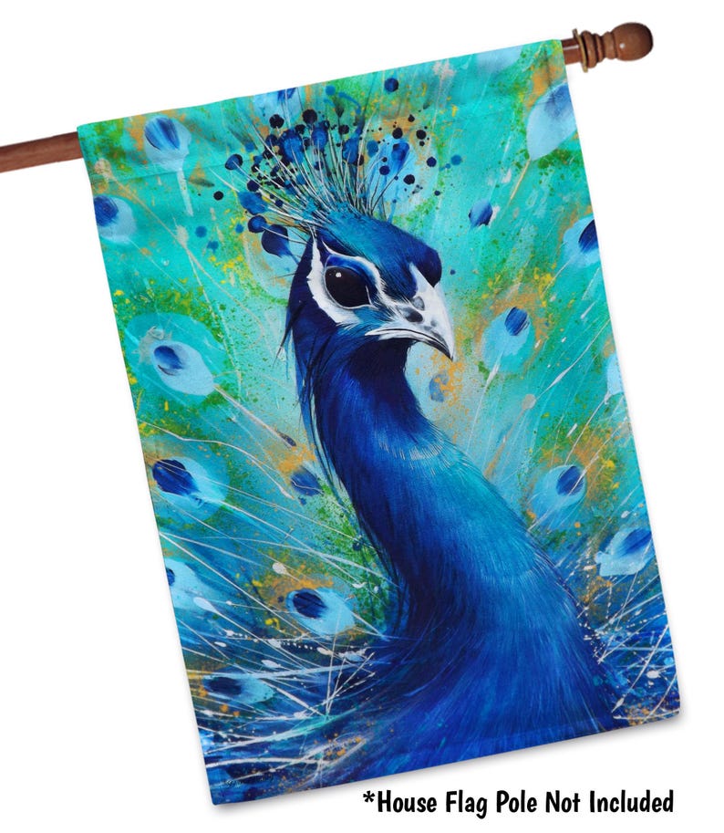 K&ouml;nnte beinhalten: Ein Aquarellbild eines Pfaus in Blau- und Gr&uuml;nt&ouml;nen. Der Kopf des Pfaus ist zur Seite gedreht, und seine Federn sind hinter ihm ausgebreitet, was einen farbenfrohen und abstrakten Hintergrund erzeugt.