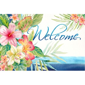 May include: A welcome mat with a tropical floral design. The mat features pink, yellow, and orange flowers with green leaves. The word "Welcome" is written in blue cursive script.