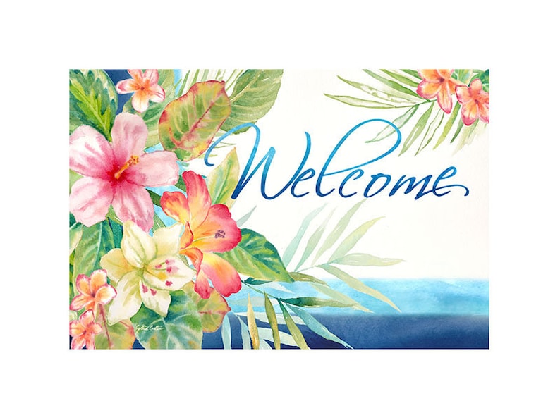 May include: A welcome mat with a tropical floral design. The mat features pink, yellow, and orange flowers with green leaves. The word "Welcome" is written in blue cursive script.