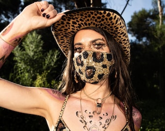 Gold Leopard Print Sequin Face Mask | Face Covering | Festival Dust Mask