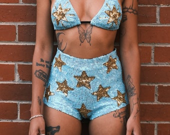 Blue and Gold Star Festival Shorts High Waist Hot Pants for Festival Outfit and Rave Fashion