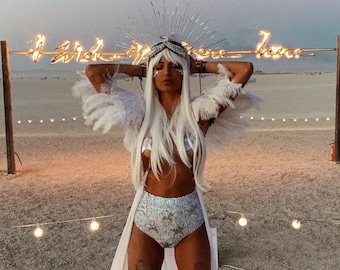 White and Silver Cosmic Cowgirl High Waist Sequin Hot Pants for Festival Outfit or Rave Wear | Available in Matching Sets