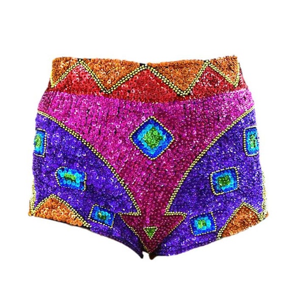 Short taille haute à sequins arc-en-ciel LGBTQ Pride pour pantalons chauds de festival et tenue rave | Disponible en ensemble assorti | LIVRAISON GRATUITE