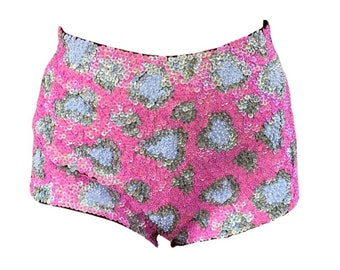 High Waist Pink Leopard Print Sequin Shorts for Festival and Rave Outfit | Matching Set Available