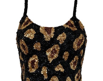 Gold, Brown and Black Leopard Print Sequin Crop Top | Matching Festival Sets for Rave Outfit | Scoop Neck and Spaghetti Straps