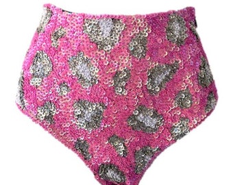 Pink Panther Leopard Print Design High Waist Sequin Hot Pants for Festival Shorts and Rave Outfit | Matching Sets | FREE SHIPPING