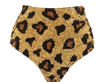 Leopard Print High Waist Festival Hot Pants with Gold, Brown and Black Sequin for Festival Outfit, Rave Wear and Jungle Theme Costume