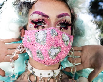 Pink Panther Leopard Print Sequin Face Mask with Fairy Floss Pink, White and Holographic Silver Sequins | Face Covering Festival Dust Mask