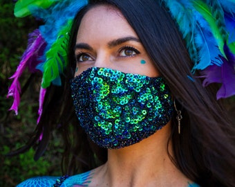 Holographic Green Blue Mystic Mermaid Sequin Face Mask with Black Beads | Face Covering | Festival Dust Mask