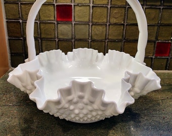 アンティーク フェントン ボブネイル ミルクグラス バスケット カゴ