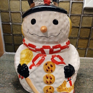Vintage Hand bemalte Keramik Schneemann Keksdose