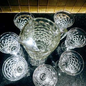 Vintage Fostoria American Pitcher And Goblets