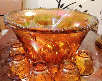 Vintage Indiana Glass Harvest Carnival Punch Bowl Set
