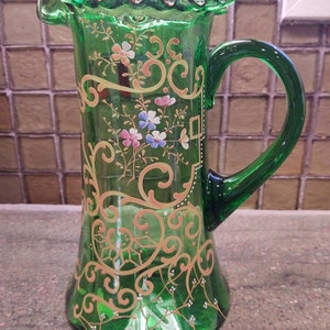 Vintage Hand Blown Hand Painted Art Glass Pitcher