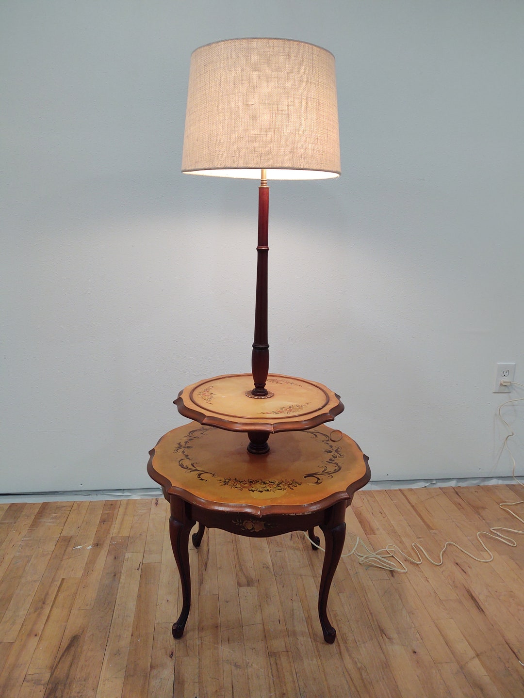 Antique French Style Two Tier Wood Table With Attached Lamp Etsy