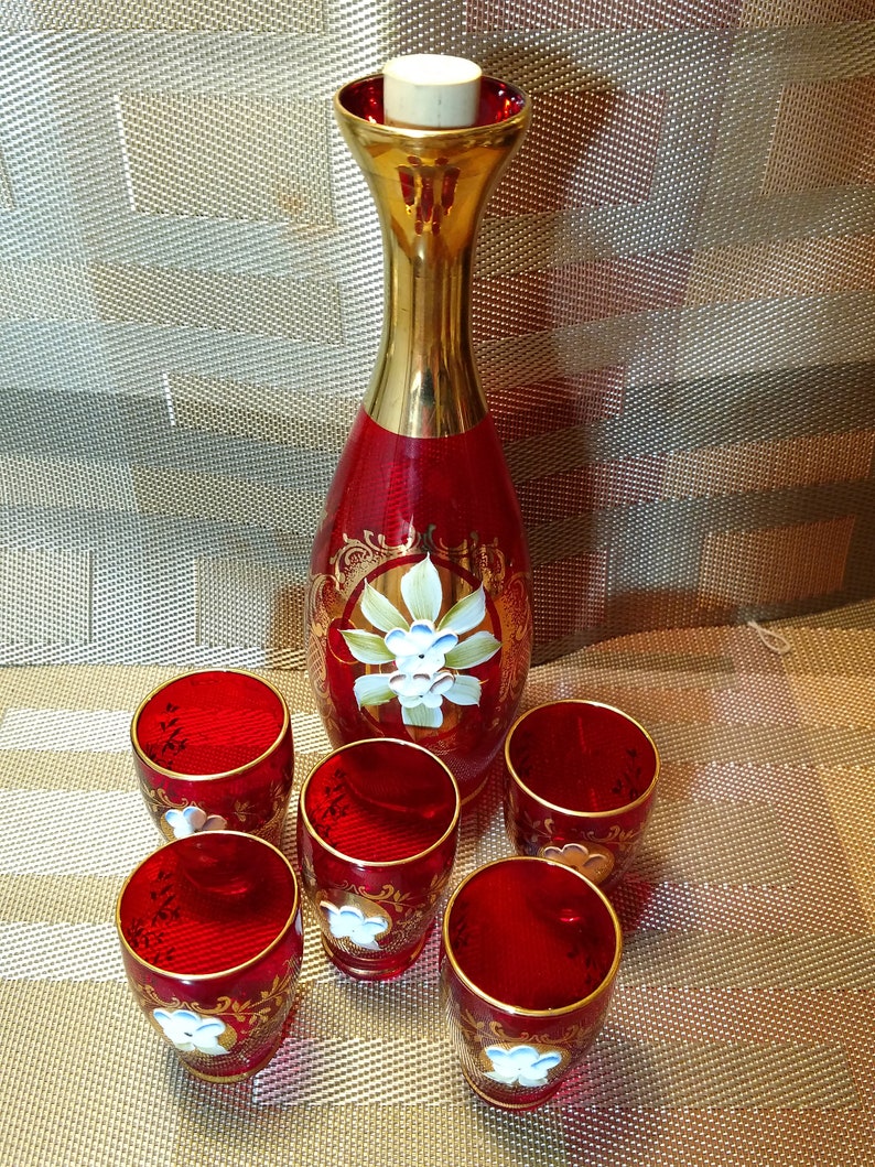 Vintage Ruby Red Glass Liquor Decanter Set Etsy
