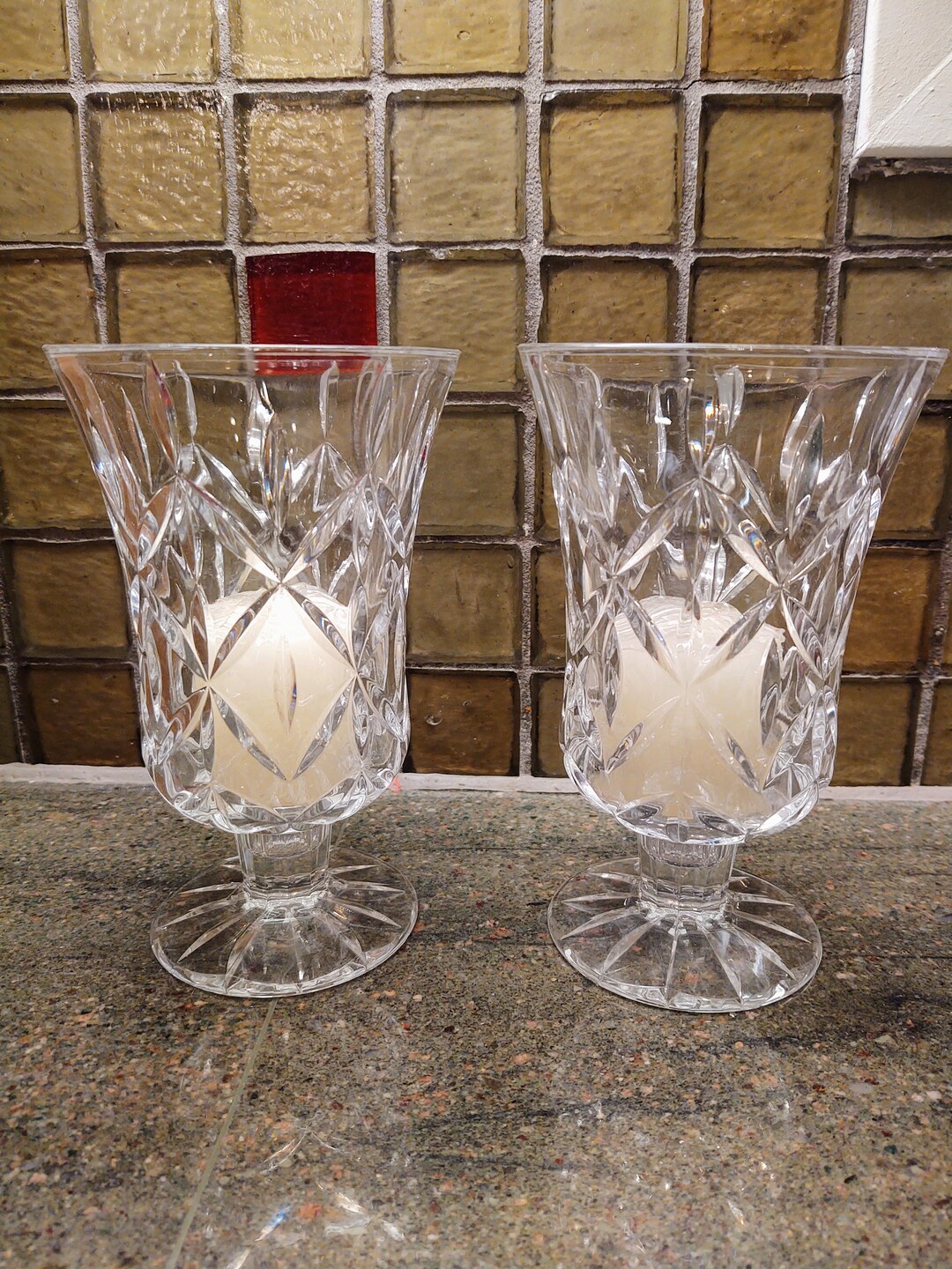 Vintage Block Crystal Hurricane Candle Holders Etsy