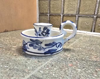 Vintage Delft Blue Hand Painted Chamberstick Candle Holder
