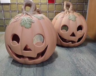 Vintage Terracotta Jack-O'-Lantern Candle Holders