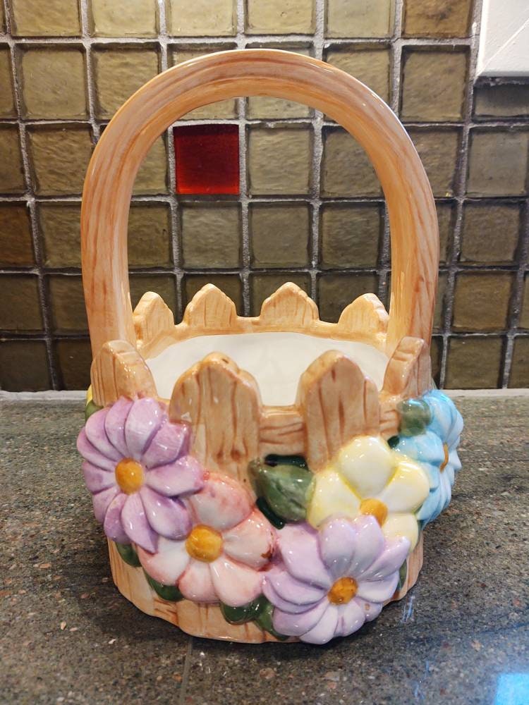 Vintage Glazed Ceramic Flower Basket - Etsy Vintage Glazed Ceramic Flower Basket - Etsy