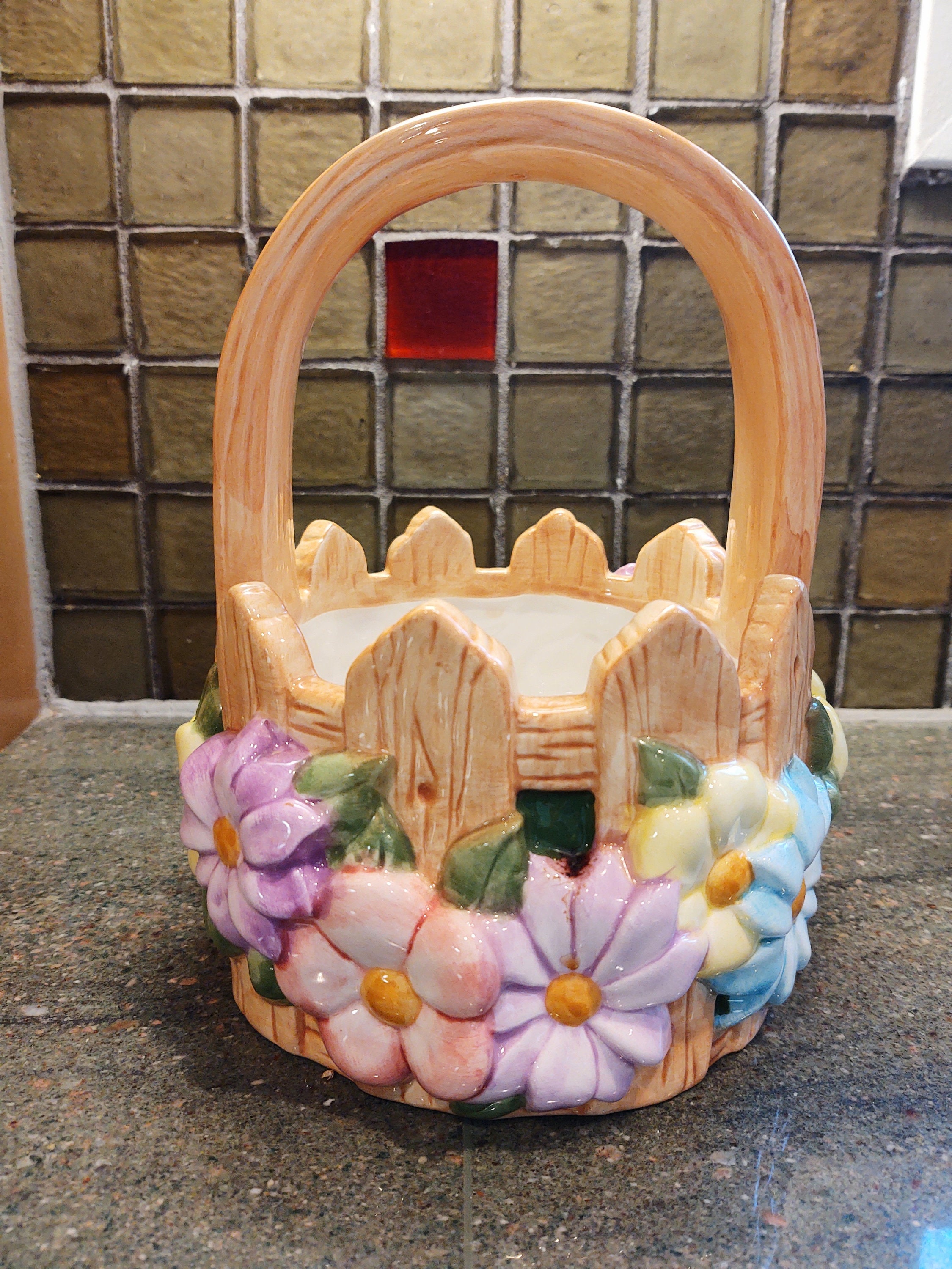 Vintage Glazed Ceramic Flower Basket - Etsy