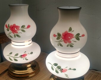 REDUCED PRICE - Vintage Hand Painted Milk Glass Hurricane Lamps