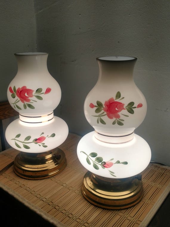 Vintage Hand Painted Milk Glass Hurricane Lamps - Glass Hurricane Lamps Vintage Hand Painted Milk Glass Hurricane Lamps - Glass Hurricane Lamps