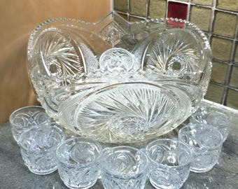 Antique McKee Glass Aztec Punch Bowl Set