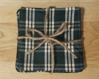 Rustic Green Plaid Coasters / Green Fabric Coasters tied with jute twine / Winter Coasters / Fabric Coaster Set / mug rugs mug mats Handmade