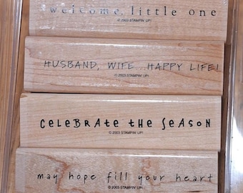 Stampin Up Fun Phrases, 4 Rubber Stamps, Retired 2003 Welcome Little One, Celebrate, Hope